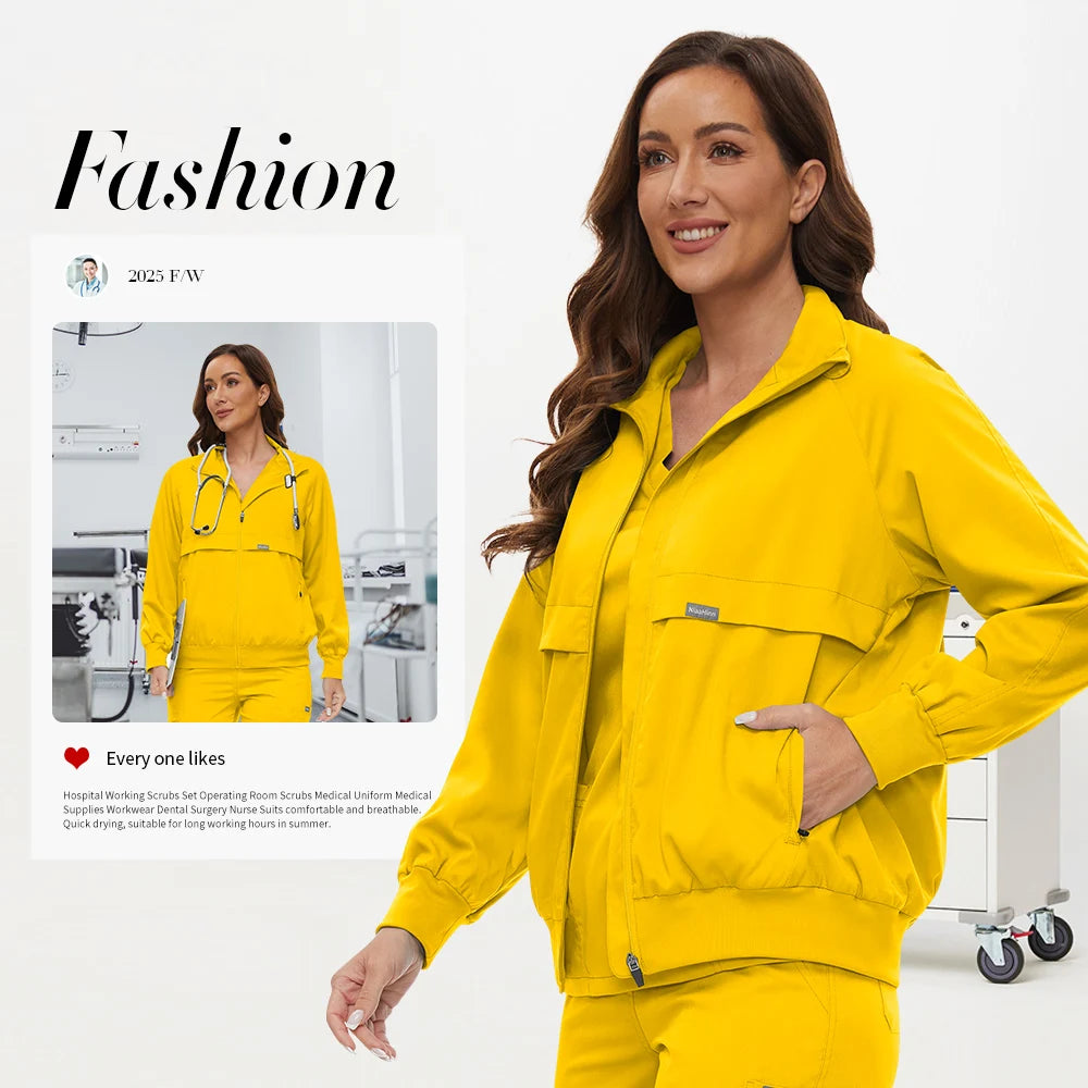 Niaahinn Nursing Scrubs Jackets Long Sleeve Professional Nurse Scrubs Uniforms Pharmacy Jacket Zipper Coat Outdoor Work Uniforms