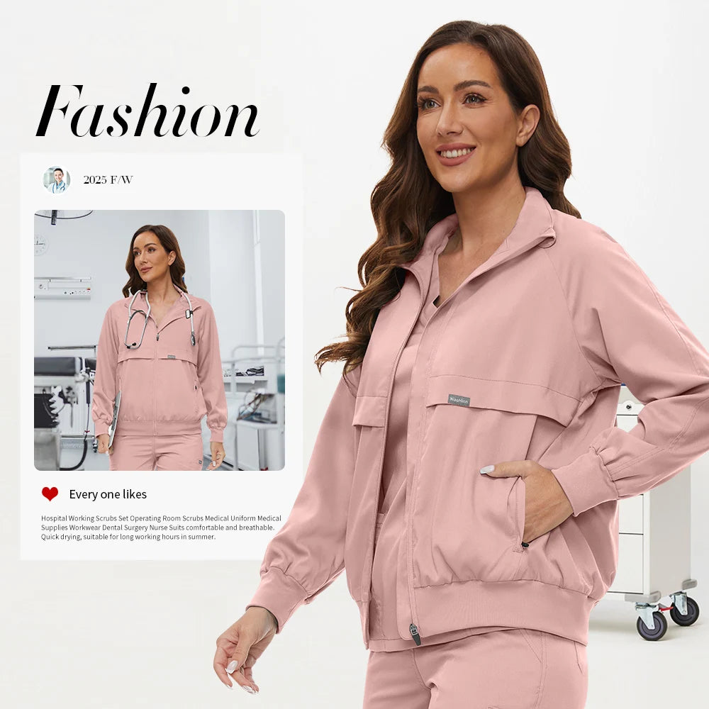 Niaahinn Nursing Scrubs Jackets Long Sleeve Professional Nurse Scrubs Uniforms Pharmacy Jacket Zipper Coat Outdoor Work Uniforms