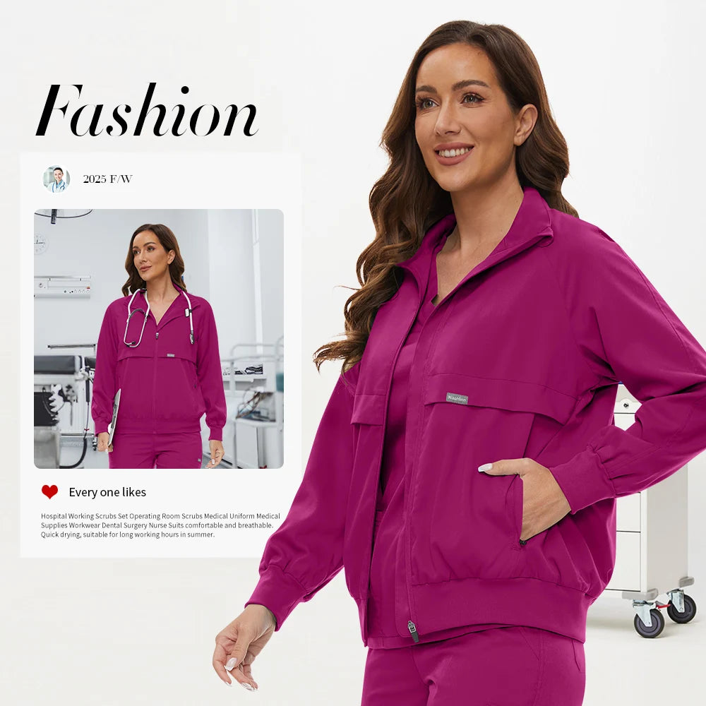 Niaahinn Nursing Scrubs Jackets Long Sleeve Professional Nurse Scrubs Uniforms Pharmacy Jacket Zipper Coat Outdoor Work Uniforms