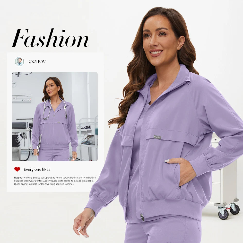 Niaahinn Nursing Scrubs Jackets Long Sleeve Professional Nurse Scrubs Uniforms Pharmacy Jacket Zipper Coat Outdoor Work Uniforms