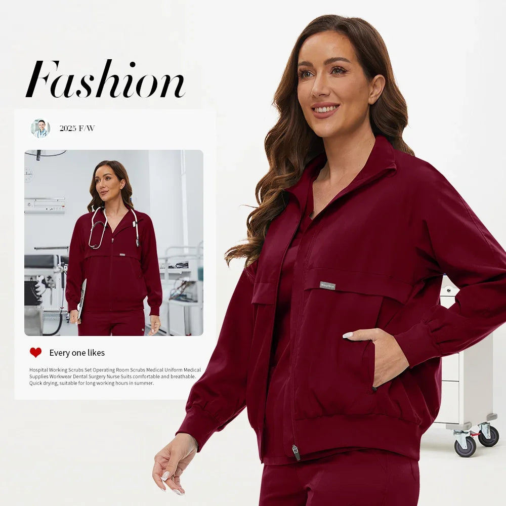 Niaahinn Nursing Scrubs Jackets Long Sleeve Professional Nurse Scrubs Uniforms Pharmacy Jacket Zipper Coat Outdoor Work Uniforms