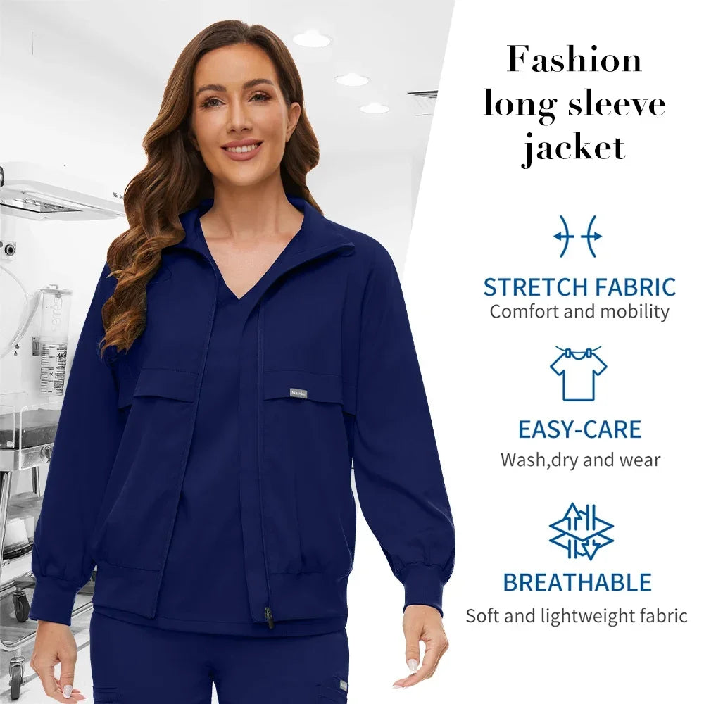Niaahinn Nursing Scrubs Jackets Long Sleeve Professional Nurse Scrubs Uniforms Pharmacy Jacket Zipper Coat Outdoor Work Uniforms