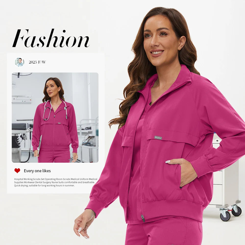 Niaahinn Nursing Scrubs Jackets Long Sleeve Professional Nurse Scrubs Uniforms Pharmacy Jacket Zipper Coat Outdoor Work Uniforms