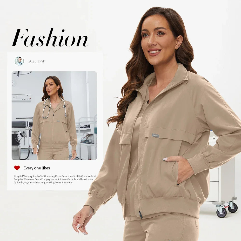 Niaahinn Nursing Scrubs Jackets Long Sleeve Professional Nurse Scrubs Uniforms Pharmacy Jacket Zipper Coat Outdoor Work Uniforms