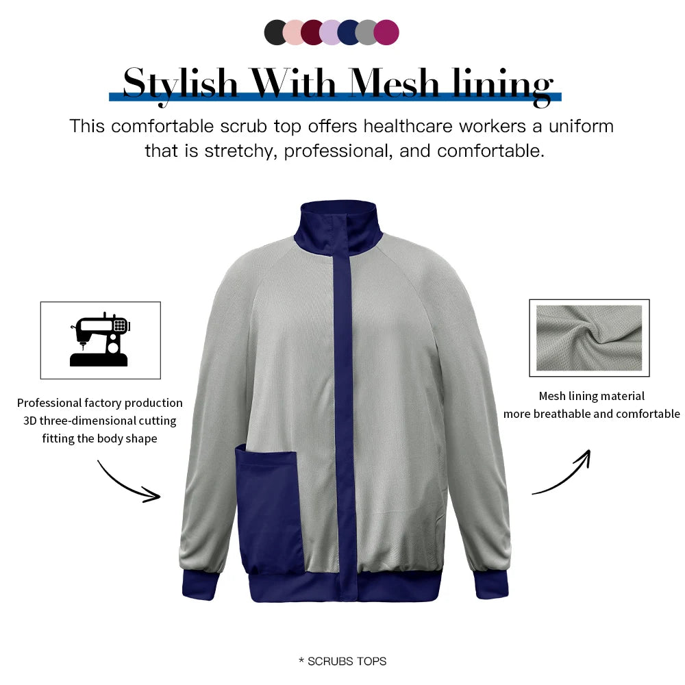 Niaahinn Nursing Scrubs Jackets Long Sleeve Professional Nurse Scrubs Uniforms Pharmacy Jacket Zipper Coat Outdoor Work Uniforms