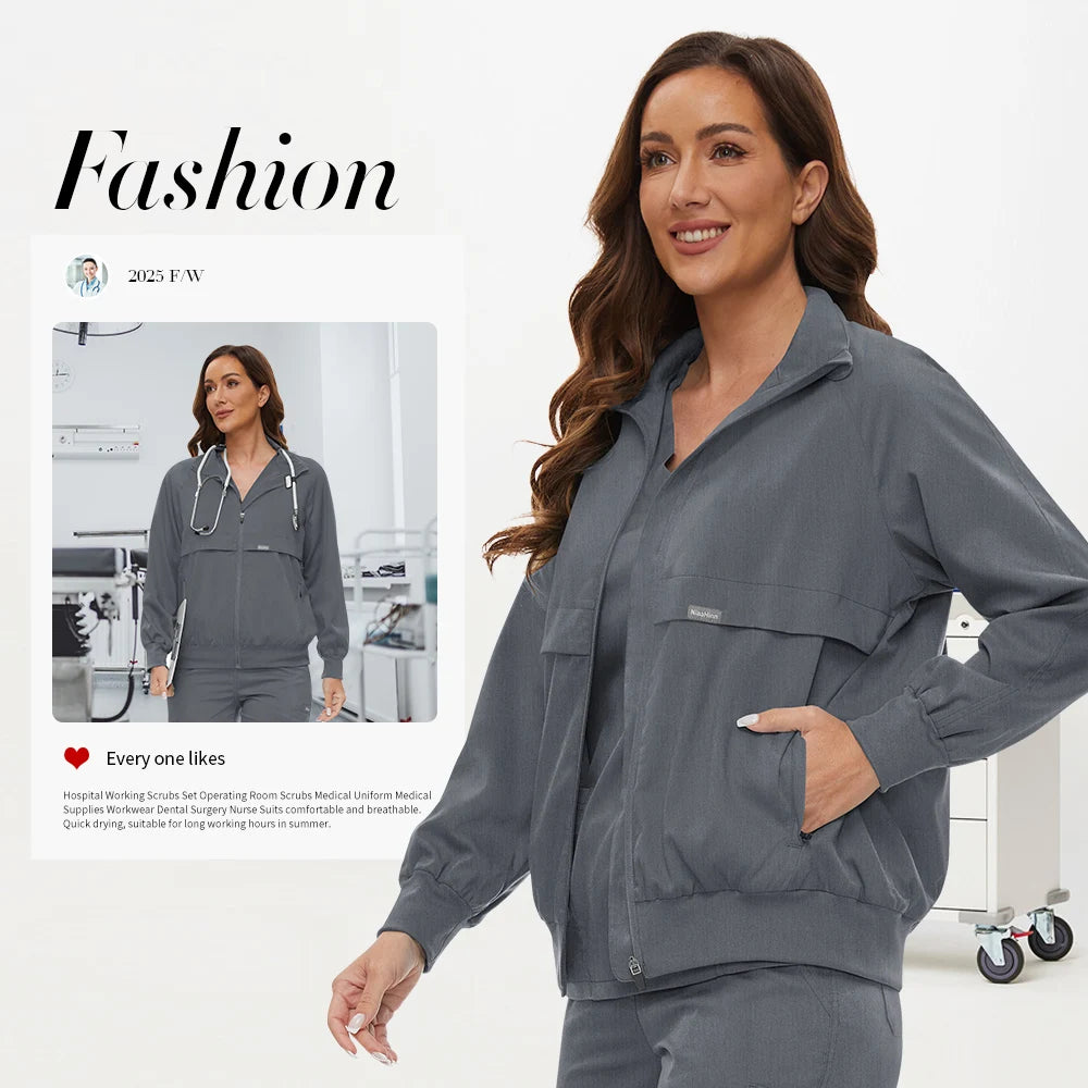 Niaahinn Nursing Scrubs Jackets Long Sleeve Professional Nurse Scrubs Uniforms Pharmacy Jacket Zipper Coat Outdoor Work Uniforms