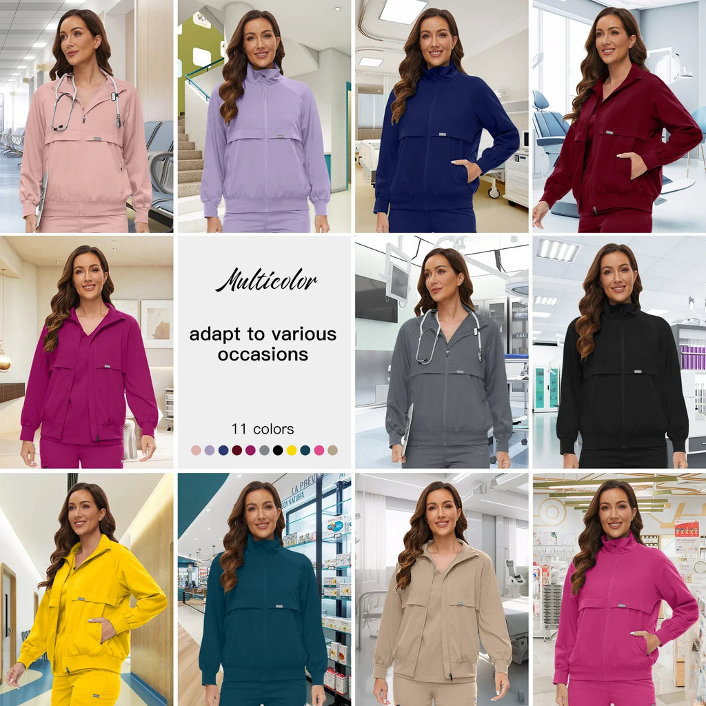 Niaahinn Nursing Scrubs Jackets Long Sleeve Professional Nurse Scrubs Uniforms Pharmacy Jacket Zipper Coat Outdoor Work Uniforms