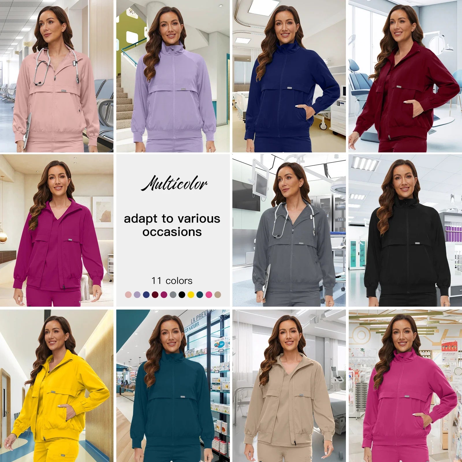 Niaahinn Nursing Scrubs Jackets Long Sleeve Professional Nurse Scrubs Uniforms Pharmacy Jacket Zipper Coat Outdoor Work Uniforms